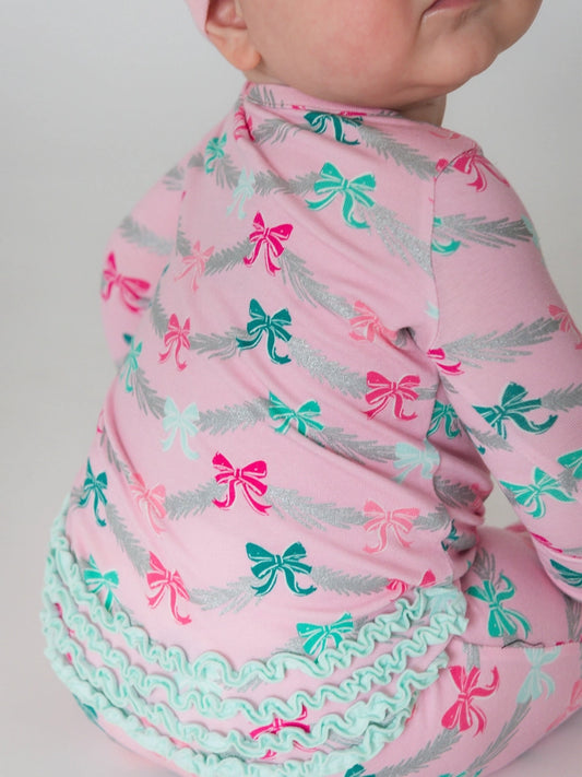 Softsnooze™ Baby Girls Cotton Modal Sparkle Pink Tinsel Tidings Footed Ruffle One Piece Pajama
