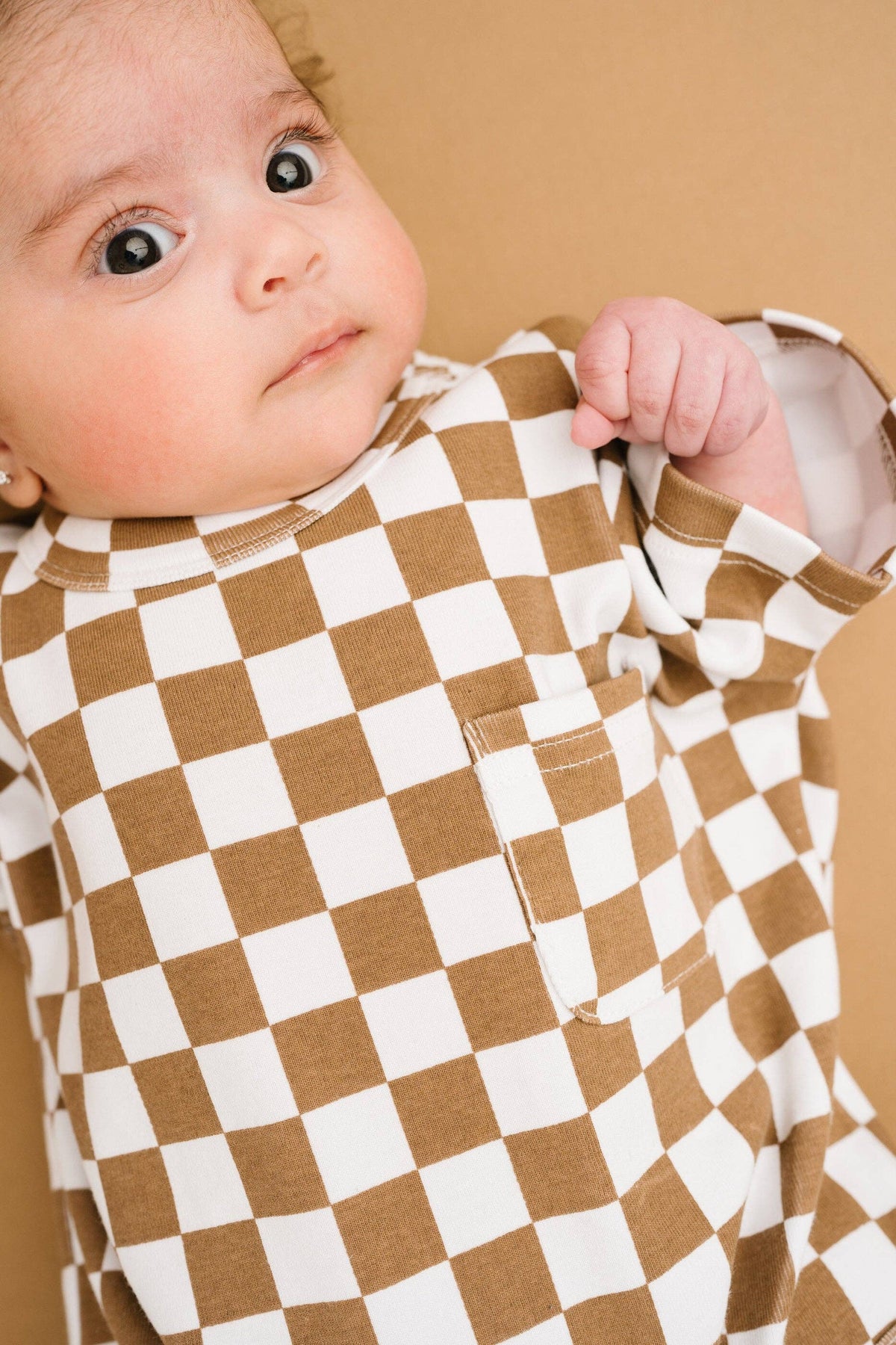 Brown Checkered Pocket Romper