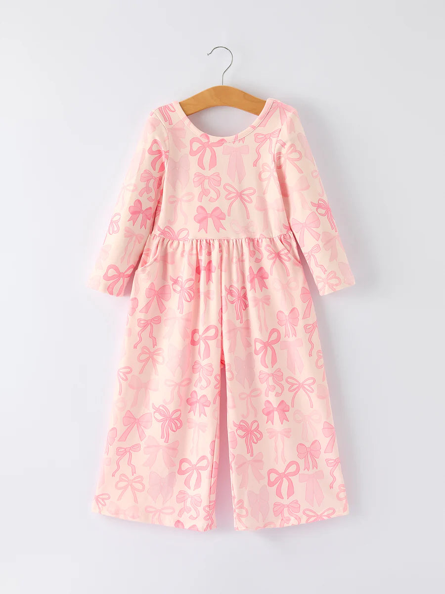 DEAL ALERT! Girls Pink Bow Print Long Sleeve Jumpsuit (Arrival: June 26)