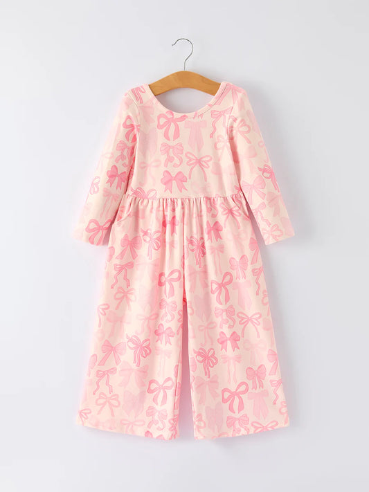 DEAL ALERT! Girls Pink Bow Print Long Sleeve Jumpsuit