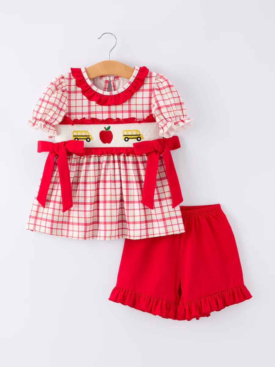 Back To School School Bus Embroidery Plaid Girls Set