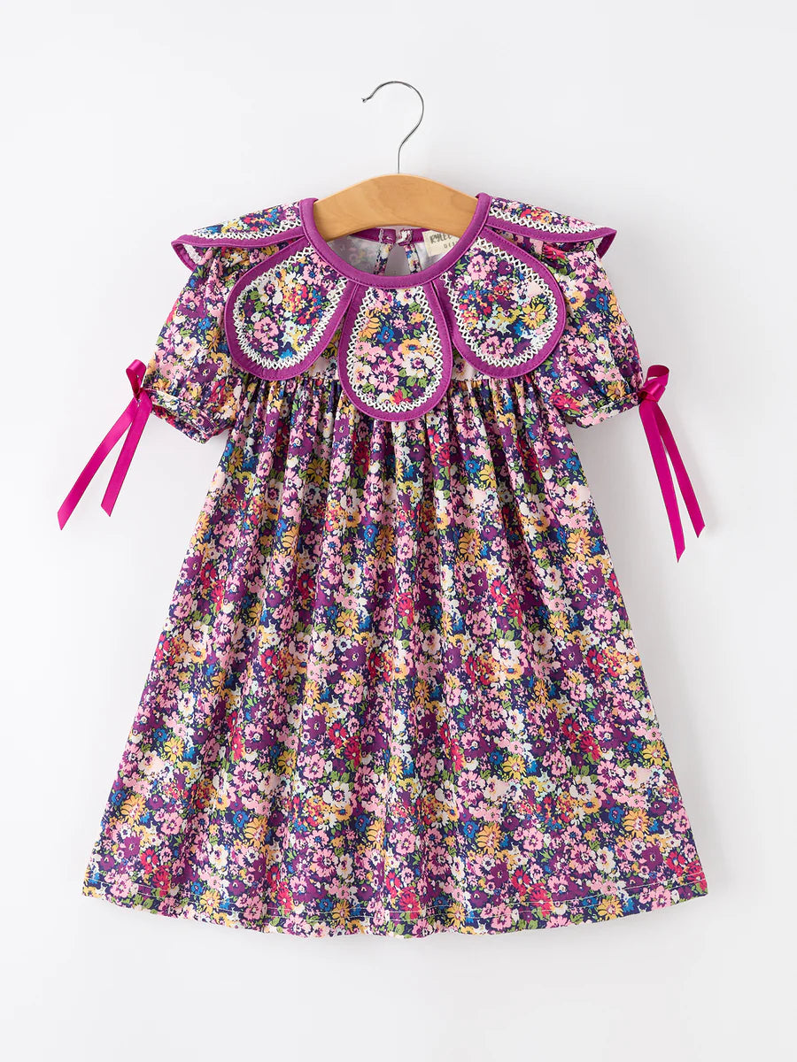 PRESALE: Purple Floral Bow Petals Collar Girls Dress (ETA: July/August)