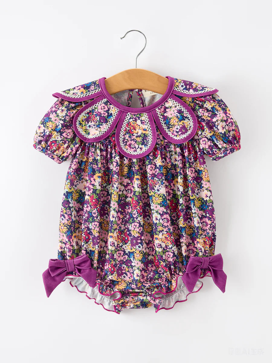 PRESALE: Purple Floral Bow Petals Collar Girls Romper (ETA: July/August)