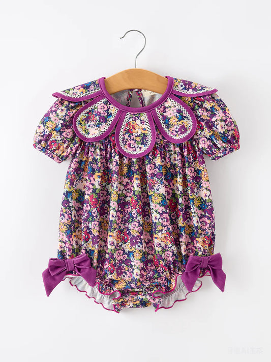 PRESALE: Purple Floral Bow Petals Collar Girls Romper (ETA: June 29)