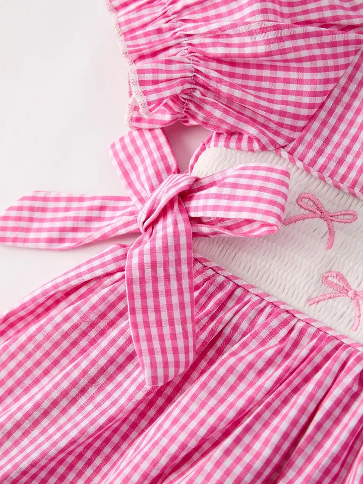 Bow Embroidered Plaid Girl Dress