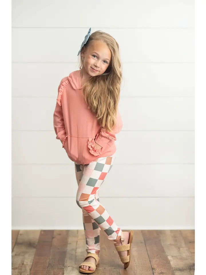 Kids Terra Cotta Ruffle Hoodie and Check Leggings Set