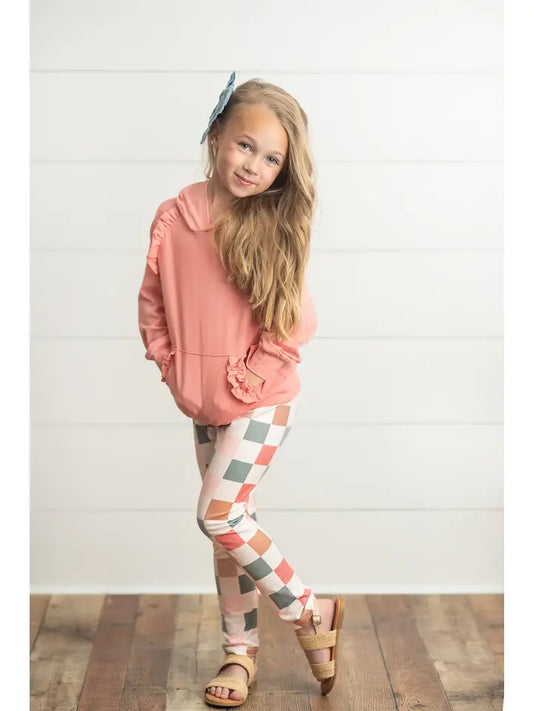 Kids Terra Cotta Ruffle Hoodie and Check Leggings Set