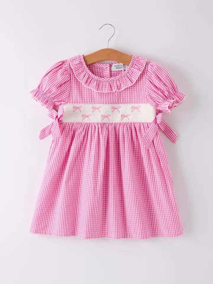 Bow Embroidered Plaid Girl Dress