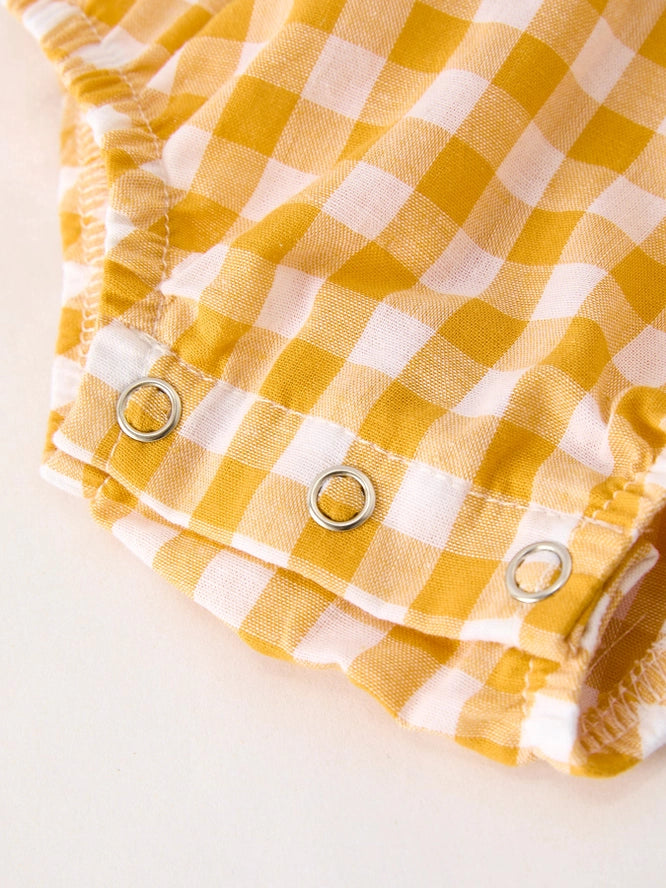 Thanksgiving Yellow Plaid Turkey Pumpkin Embroidery Romper (ETA: mid to late July)