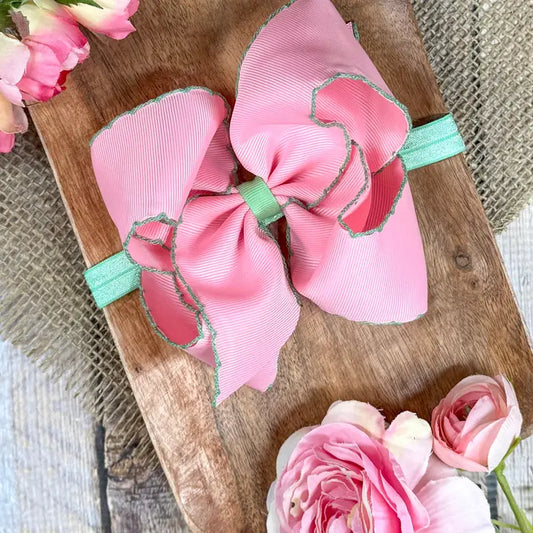 Pink with Green Moonstitch Bow Headband