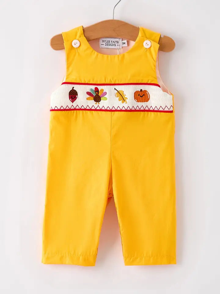 Thanksgiving Turkey Embroidered Yellow Boys Romper (ETA: mid/late July)