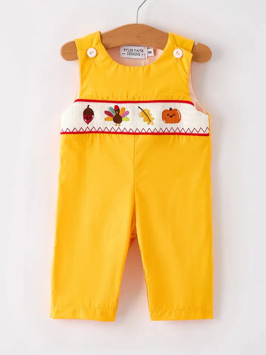 Thanksgiving Turkey Embroidered Yellow Boys Romper