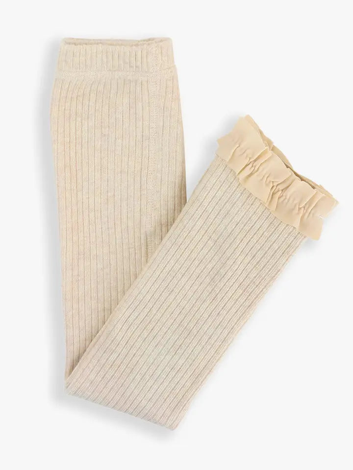 Girls Heather Oatmeal Rib Knit Footless Ruffled Tights