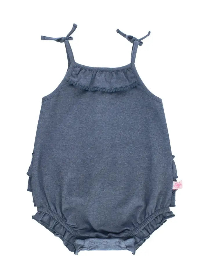 Baby Girls Faux Denim Pom Pom Bubble Romper