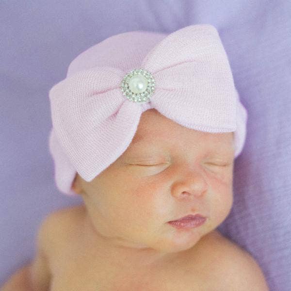 White OR Pink Newborn Girl Bow Pearl Center Hospital Hat