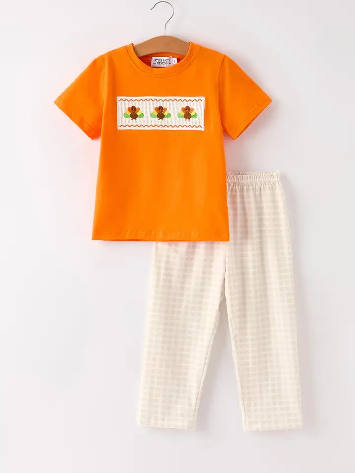 Fall Thanksgiving Apricot Plaid Turkey Embroidery Boy Set (ETA: Mid July)