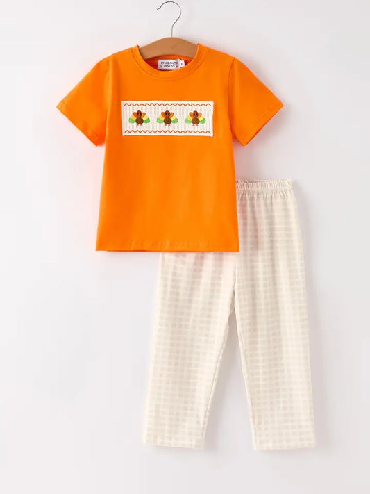 Fall Thanksgiving Apricot Plaid Turkey Embroidery Boy Set (ETA: Mid July)