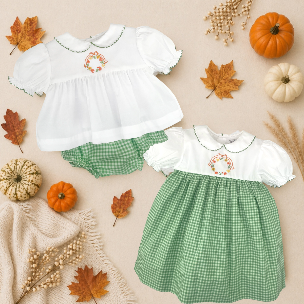 Fall Wreath Hand Embroidered Diaper Set