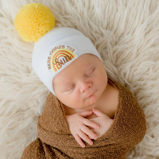 Here Comes the Sun Yellow Pom Pom Baby Hat - White