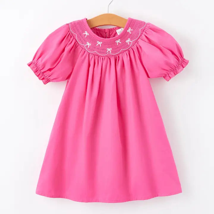 Bow Smocking Embroidered Pink Dress