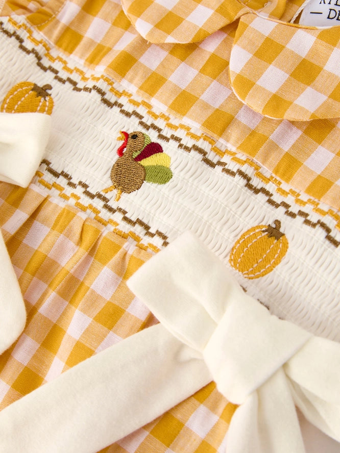 Thanksgiving Yellow Plaid Turkey Pumpkin Embroidery Romper (ETA: mid to late July)