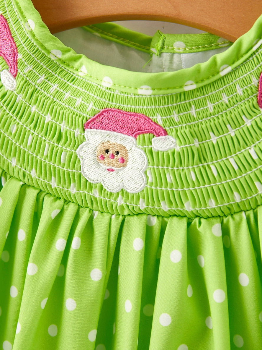 Christmas Green Santa Embroidery Girl Dress