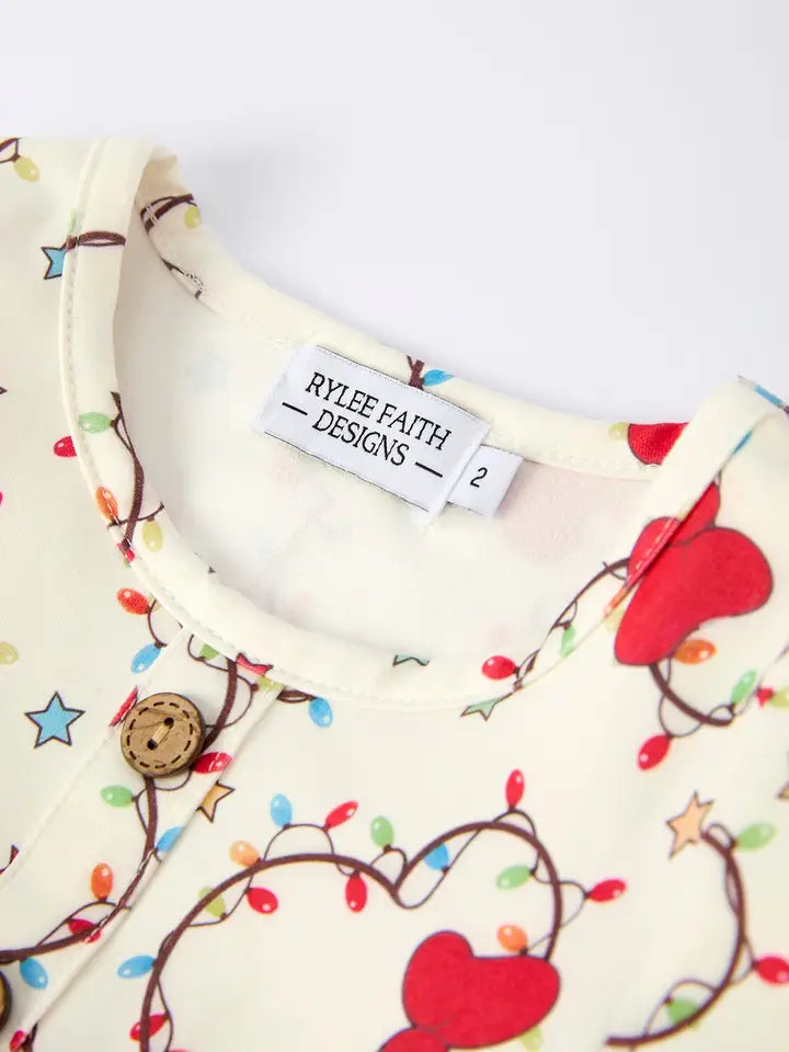 Christmas Lights Print Baby Girl Outfit Set with Lace Pocket