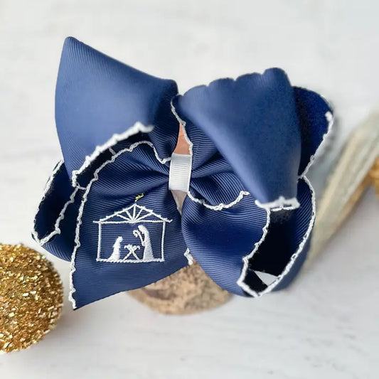 Nativity Scene Embroidered Moonstitch Hair Bow (Navy)