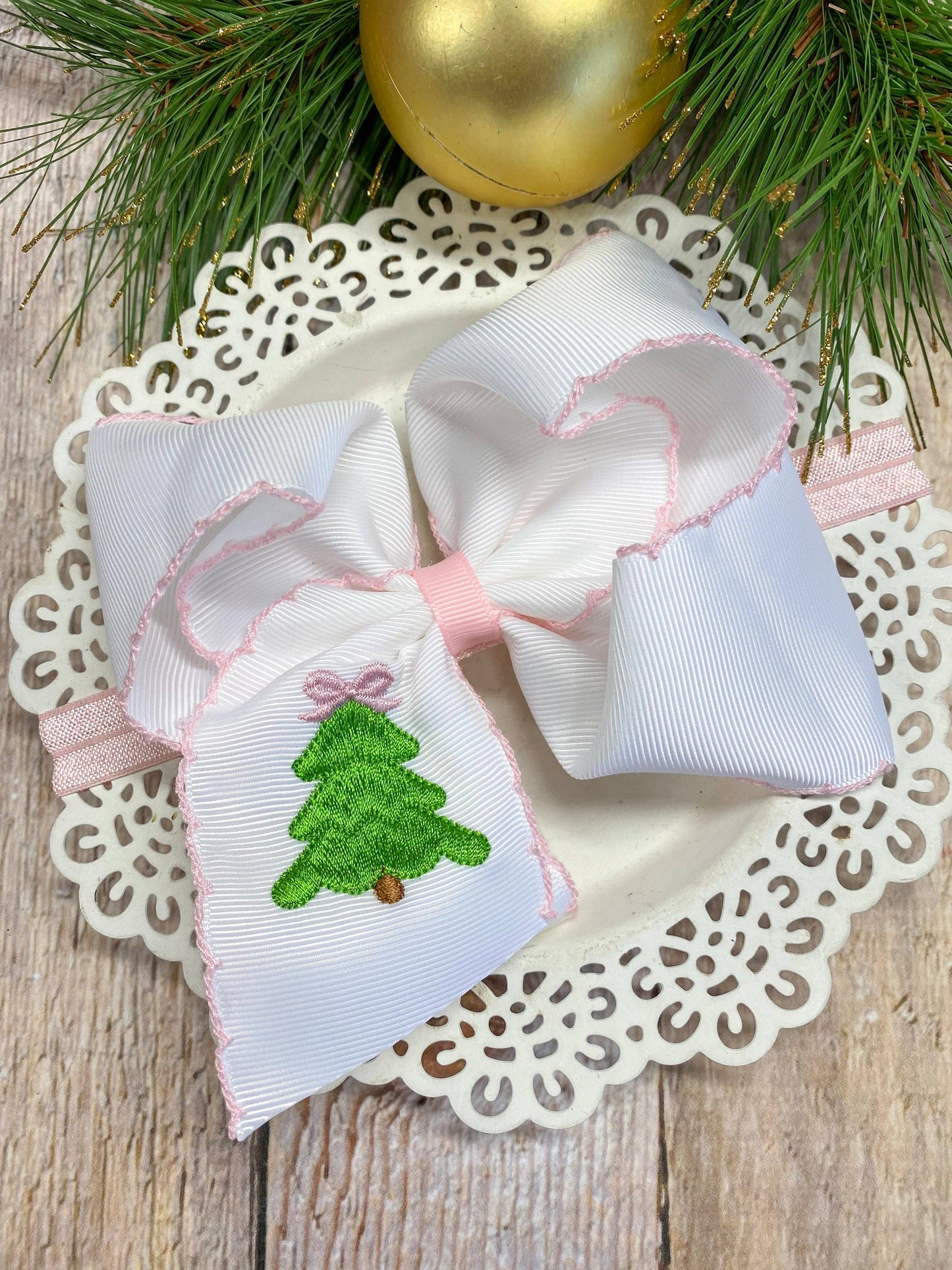 Pink Christmas Tree Embroidered Hair Bow | Clip or Headband