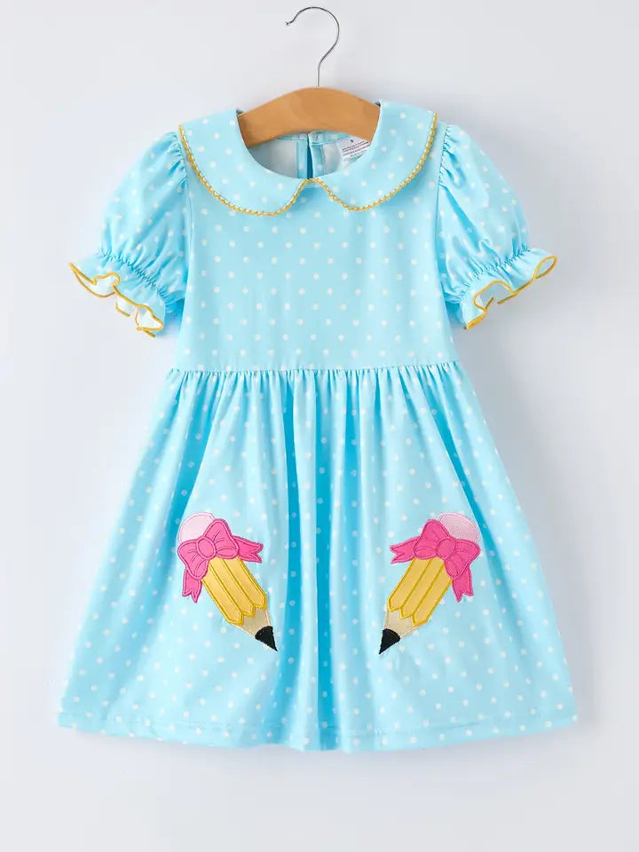 Polka Dot Girls Dress Pencil Bow Applique Dress (ETA: mid/late July)