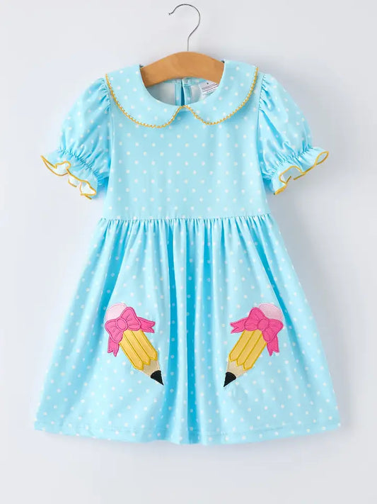 Polka Dot Girls Dress Pencil Bow Applique Dress