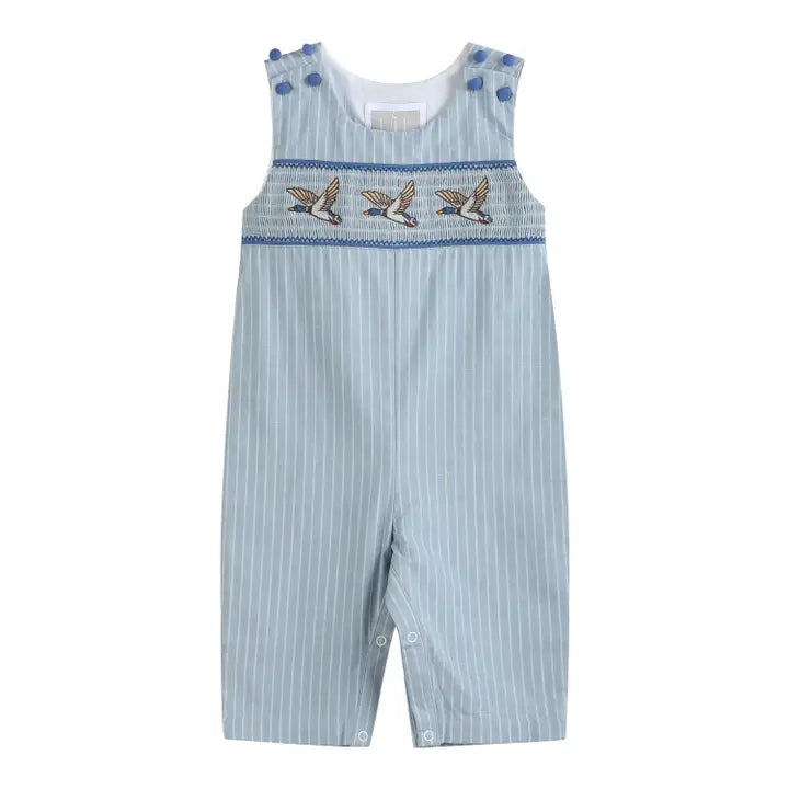 Blue Pinstripe Mallard Duck Smocked Overalls
