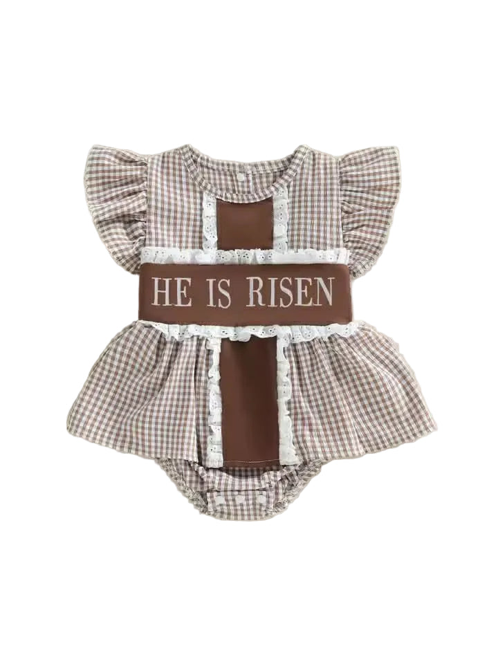 He is Risen Brown Gingham Romper