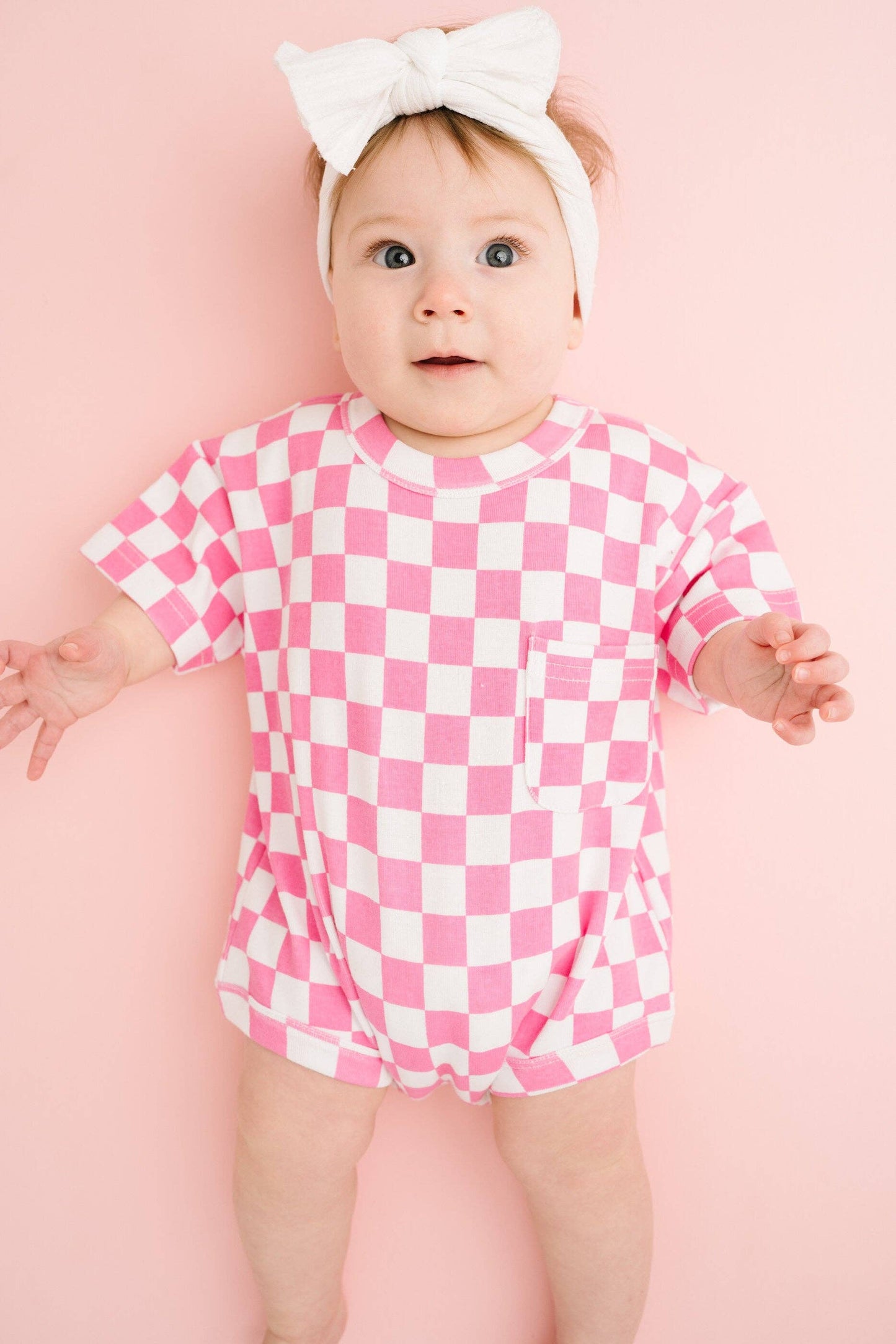 Pink Checkered Pocket Romper
