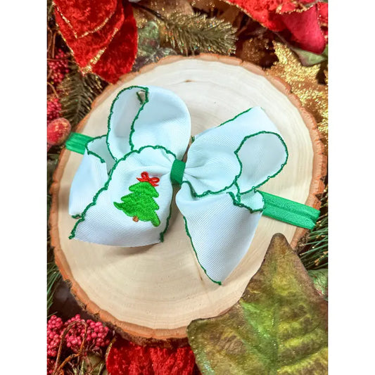Christmas Tree Embroidered Moonstitch Bow Headband