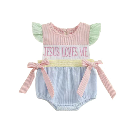 Jesus Loves Me Seersucker Romper