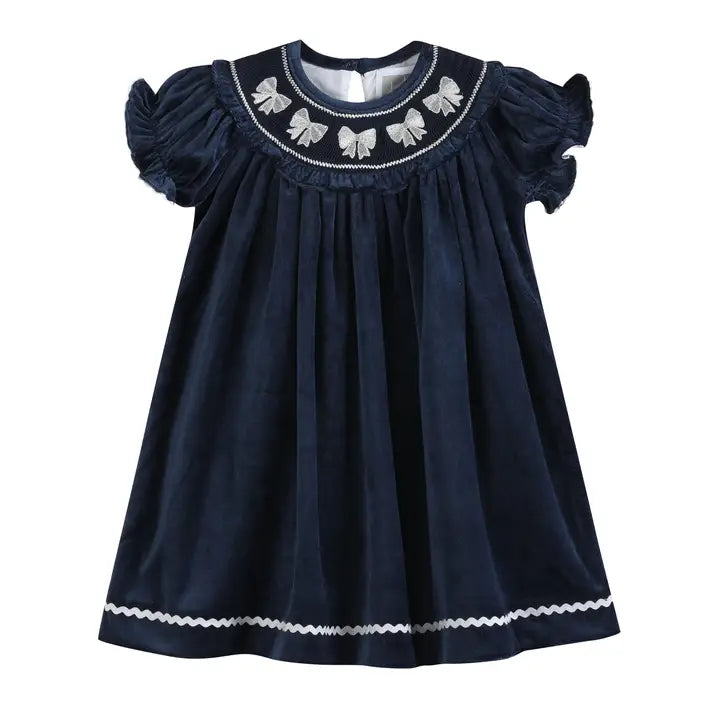 Blue Velvet Silver Bows Smocked Ruffle Bishop Dress