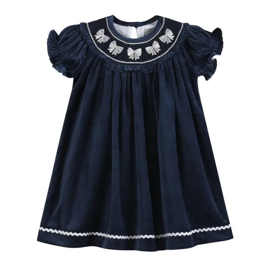 Blue Velvet Silver Bows Smocked Ruffle Bishop Dress