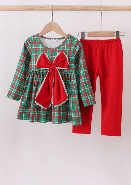 Forest Lace Bow Plaid Pant Set