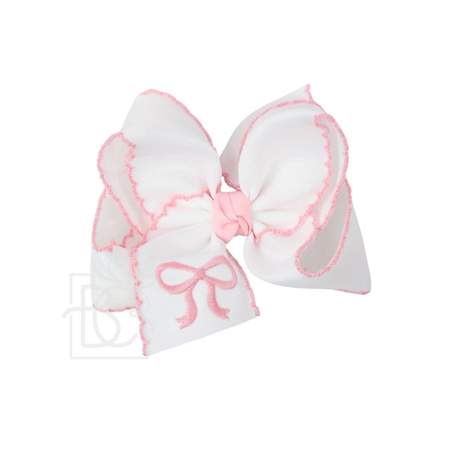 Embroidered Bow Crochet Edge Hair Bow On Alligator Clip - pink