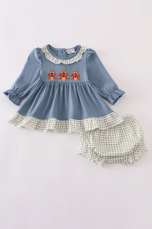 Blue Turkey Embroidery Ruffle Bloomer Set