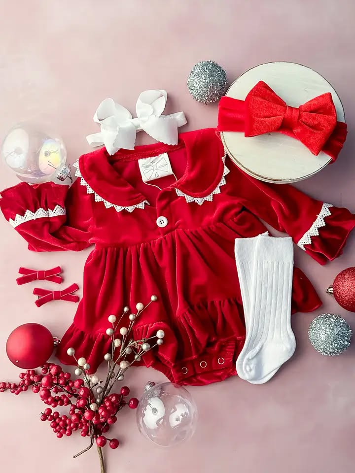 Classic Red Velvet Infant Girl's Christmas Romper