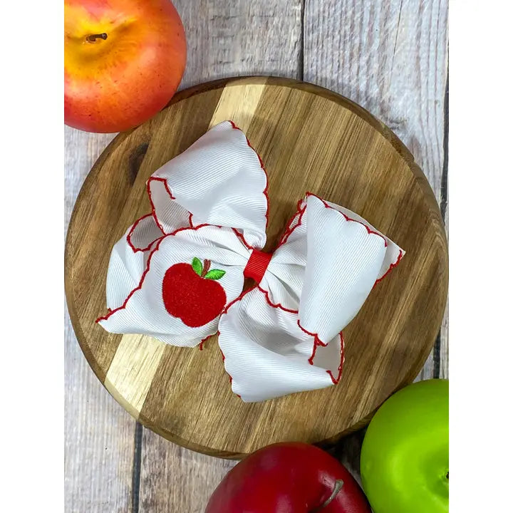 White Apple Embroidered Moonstitch Hair Bow  | Clip or Headband