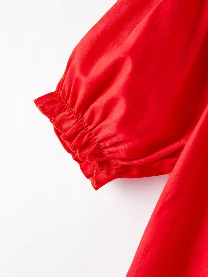 Bow Smocking Embroidered Red Dress