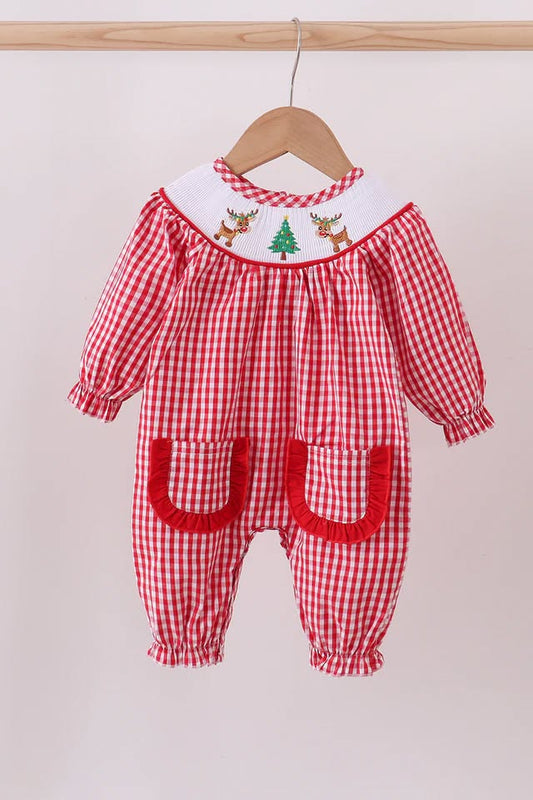 Christmas Tree Reindeer Smocked Romper