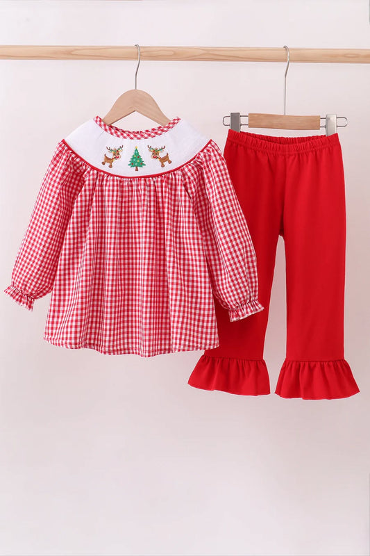 Christmas Tree Reindeer Smocked Girl Set