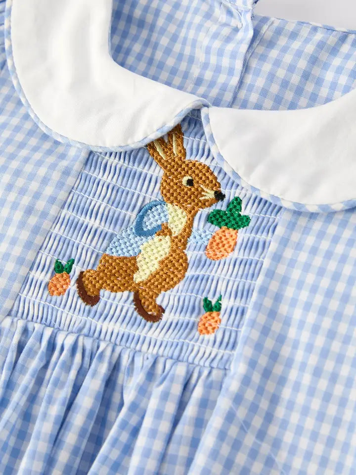 Blue Rabbit Embroidery Plaid Baby Collar Dress