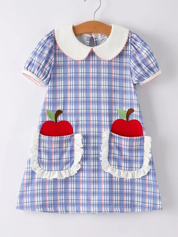 Back To School Pocket Applique Check Girls Dress (ETA: mid/late July)
