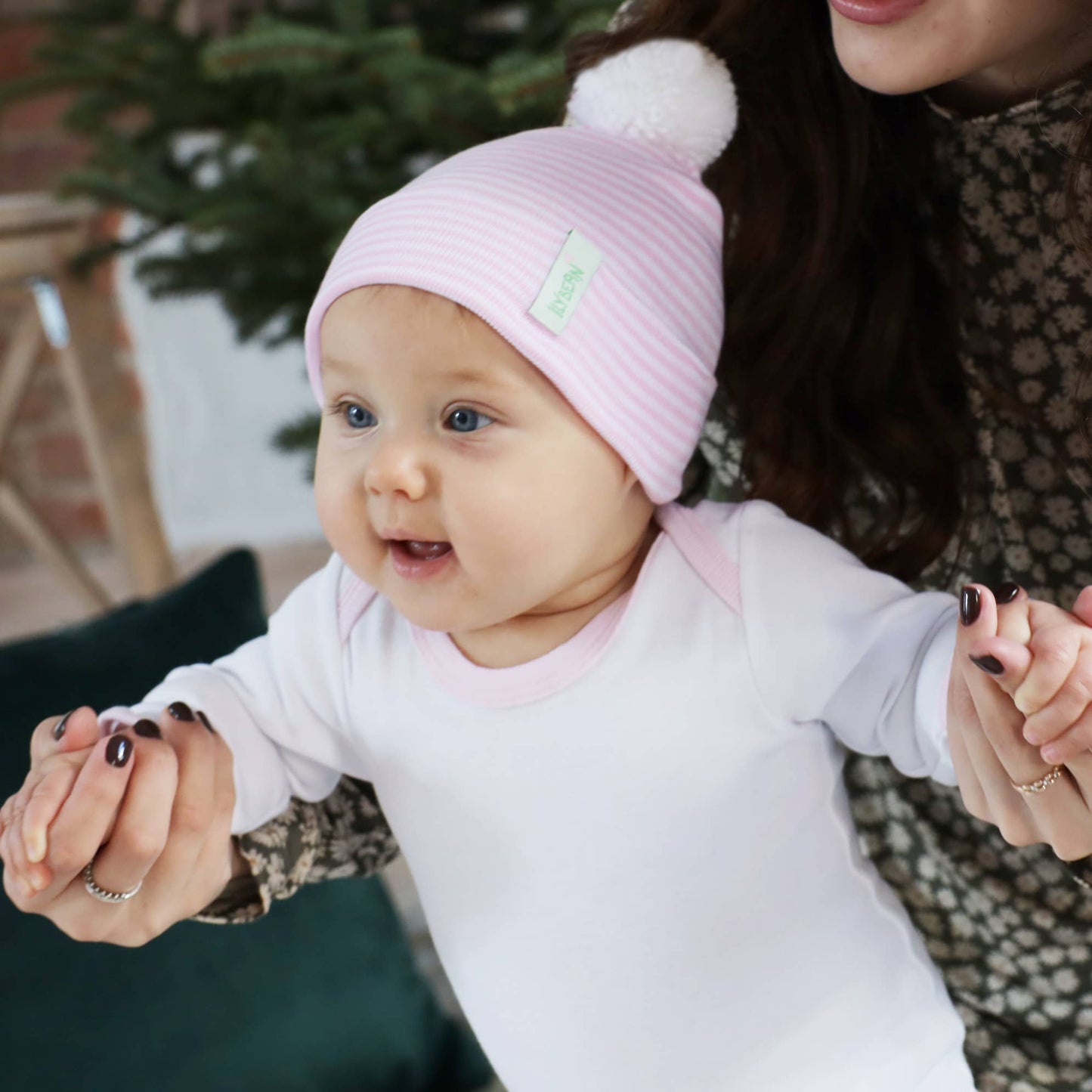 Wide Blue or Pink and White Striped Newborn Hospital Beanie