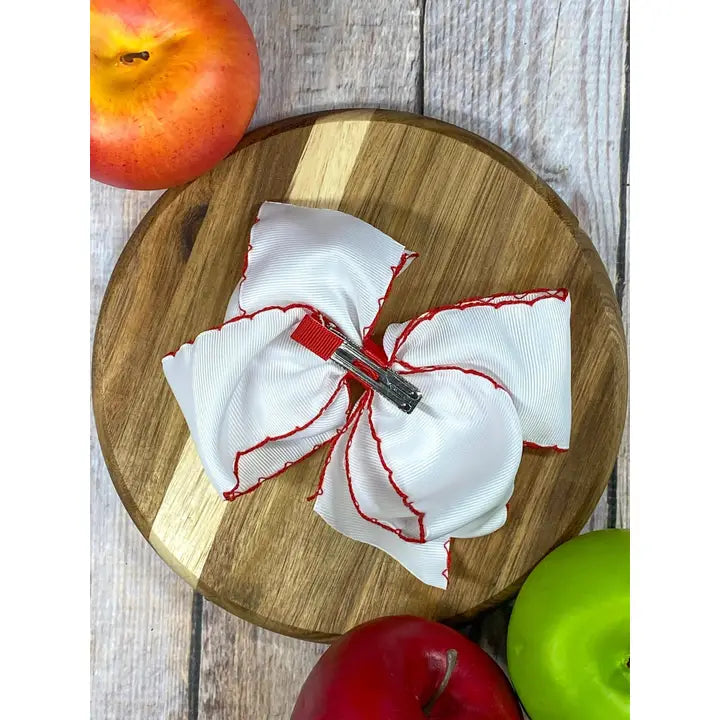 White Apple Embroidered Moonstitch Hair Bow  | Clip or Headband